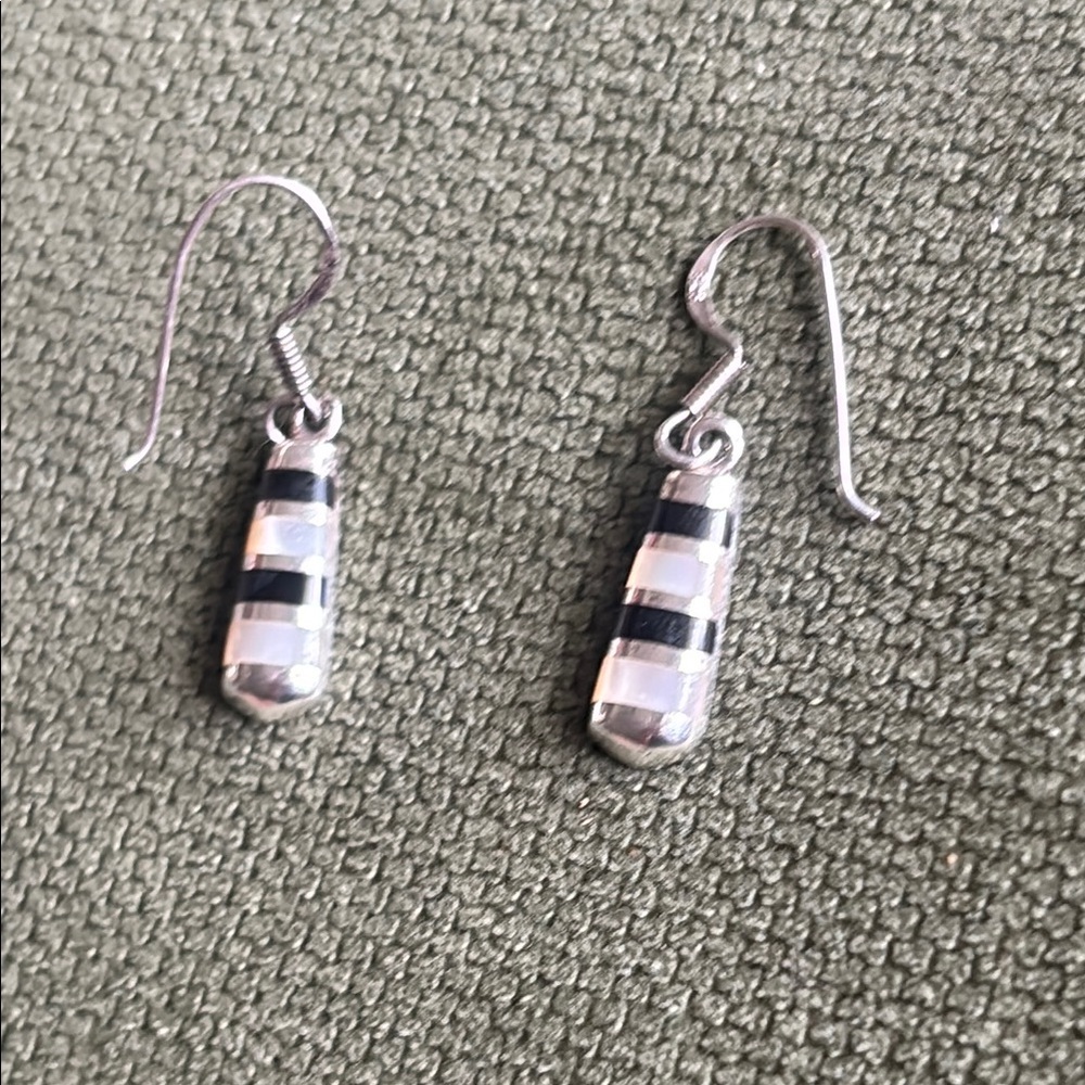 PD Premier Designs 925 Sterling Silver Vintage Real Black Onyx & MOP Earrings